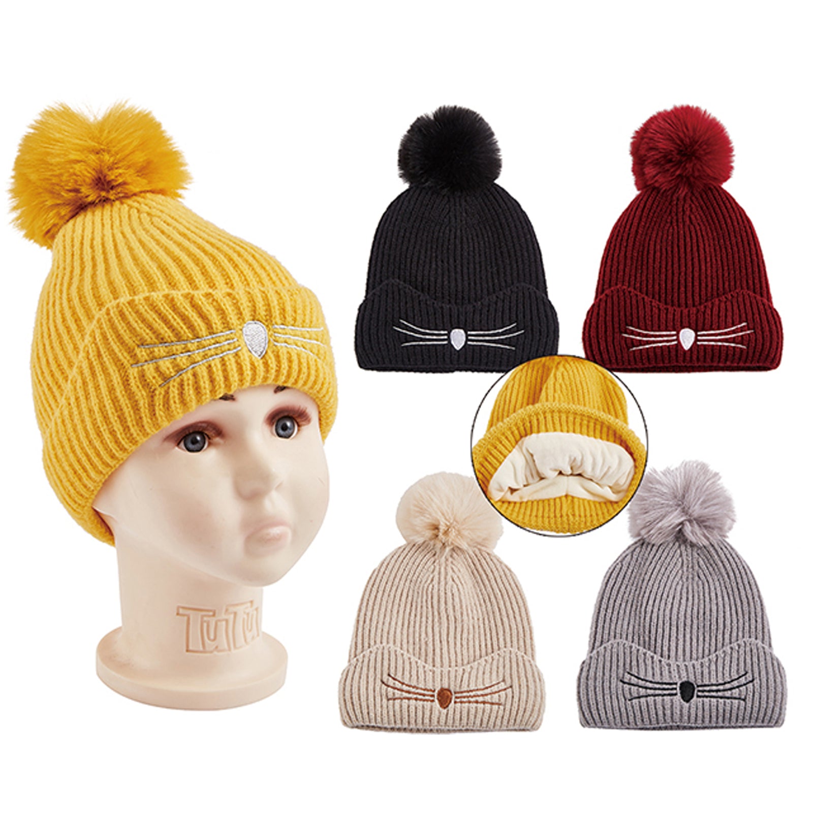 Wholesale Clothing Accessories Kids Fur Cat Whiskers Knitted Beanie Hat NH273