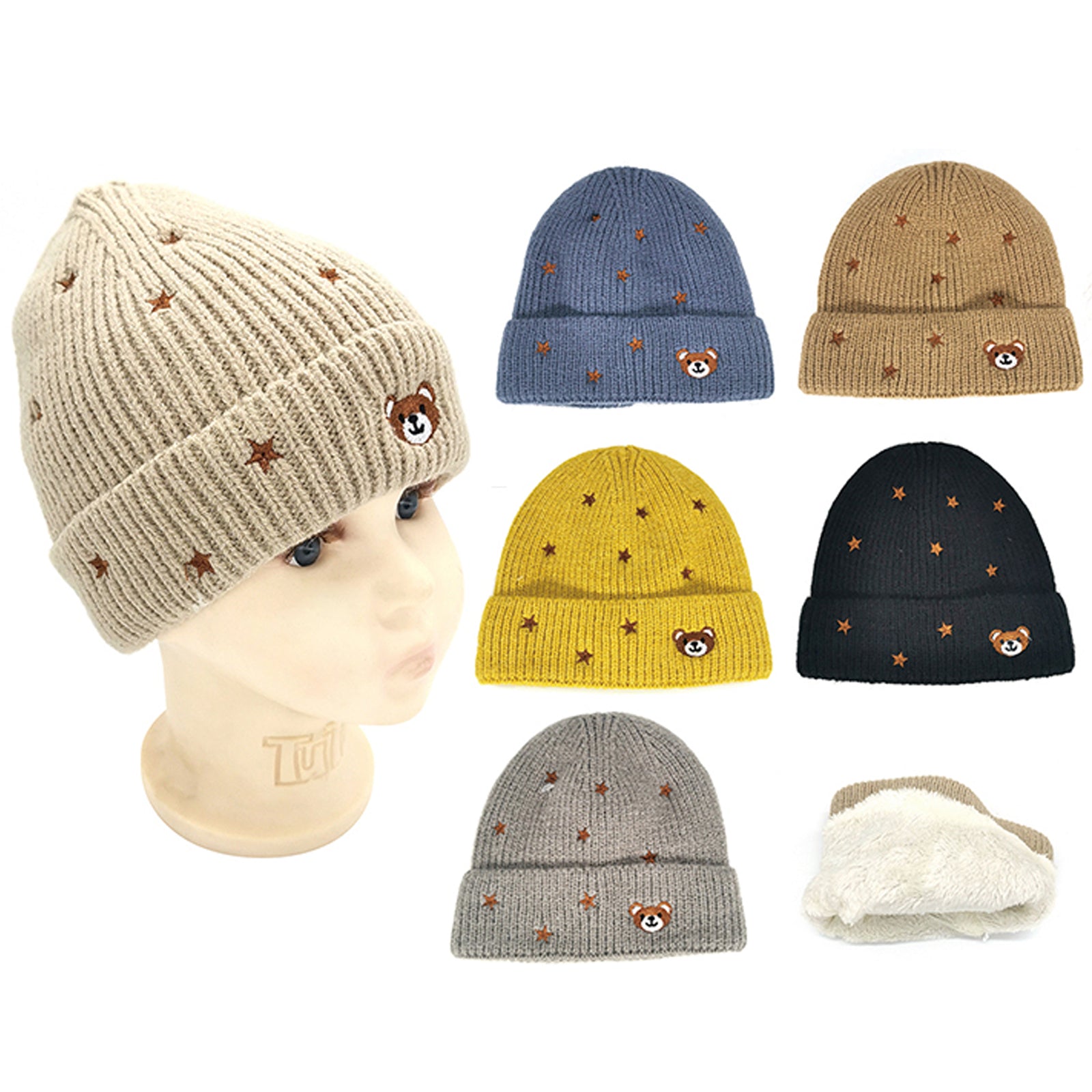 Wholesale Clothing Accessories Embroidered Five-Star Bear Knitted Kids Hat NH249