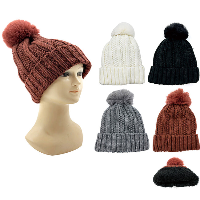 Wholesale Clothing Accessories Women's Hat Line Vertical Strip Plus Fluffy Ball Hat NH249