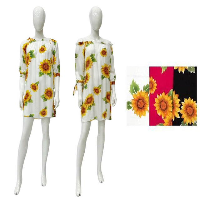Wholesale Women's Dresses Rayon 3-4 Sleeve Sun Flower Short Dress 6-72- Case S-XL Leyla NW35