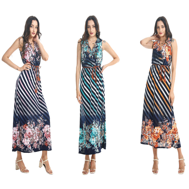 Wholesale Women's Dresses ITY Maxi Dress-Surplus V Neck With Belt-Stripe -Floral Print 6-36-Case S-XL Karina NW38