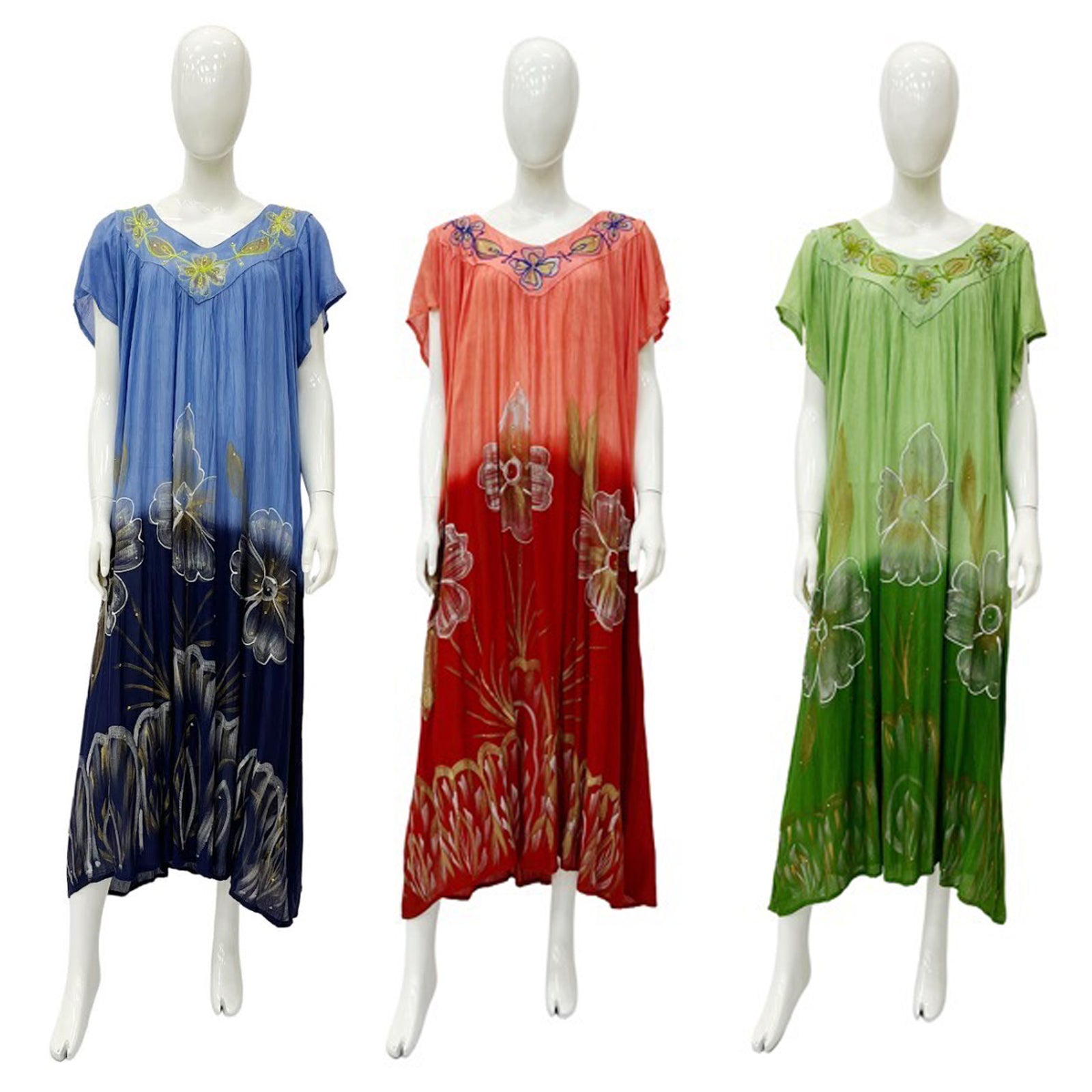 Wholesale Women's Dresses Rayon Crape Tei-Dye Cap Sleeve V Neck Long withEmbedded-Handpaint-Stone 120Gms Asst 3C 6-36-Case O-S Noa NWa2