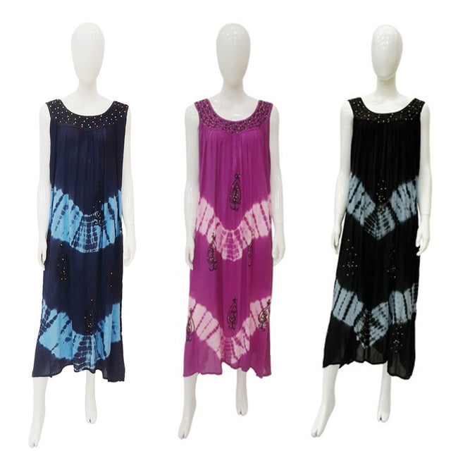 Wholesale Women's Dresses Rayon Crape Tei-Dye Sl V Neck Long with Embedded-Handpaint-Stone 120Gms Asst 3C 6-36-Case O-S Aurelia NWa0