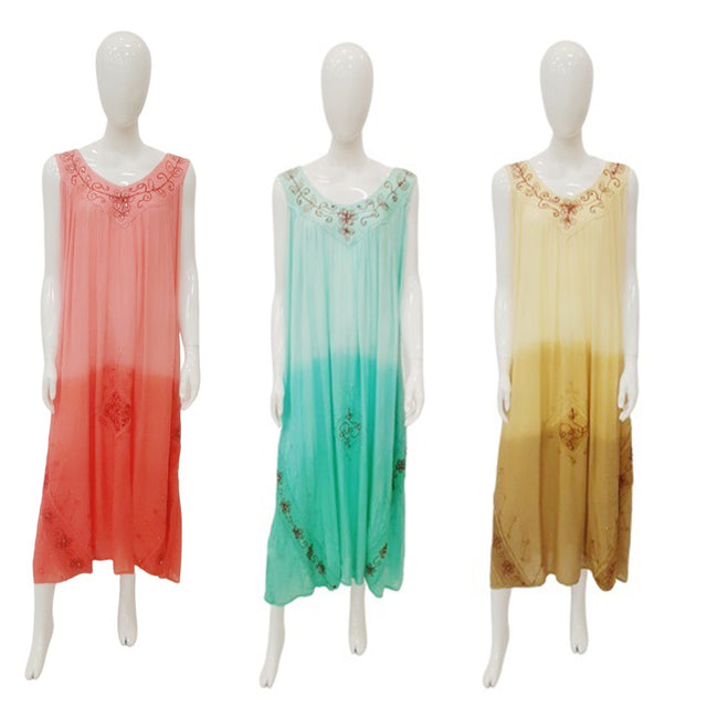 Wholesale Women's Dresses Rayon Crape Tei-Dye Sl V Neck Long with Embedded-Handpaint-Stone 120Gms Asst 3C 6-36-Case O-S Alia NWa9