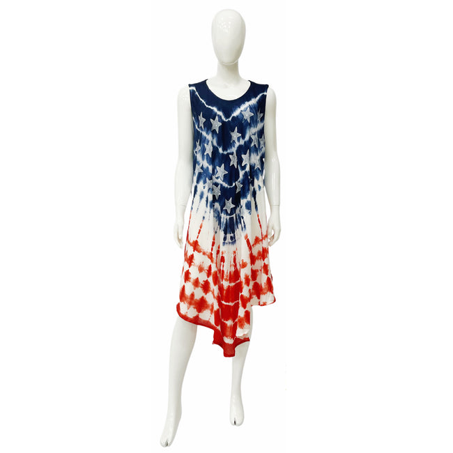 Wholesale Women's Dresses Rayon Staple American Flag Tie Dye with Block Paint Sl Umbrella 120Gms Oc Red-Blu-Wht 6-48-Case O-S Mercy NWa3