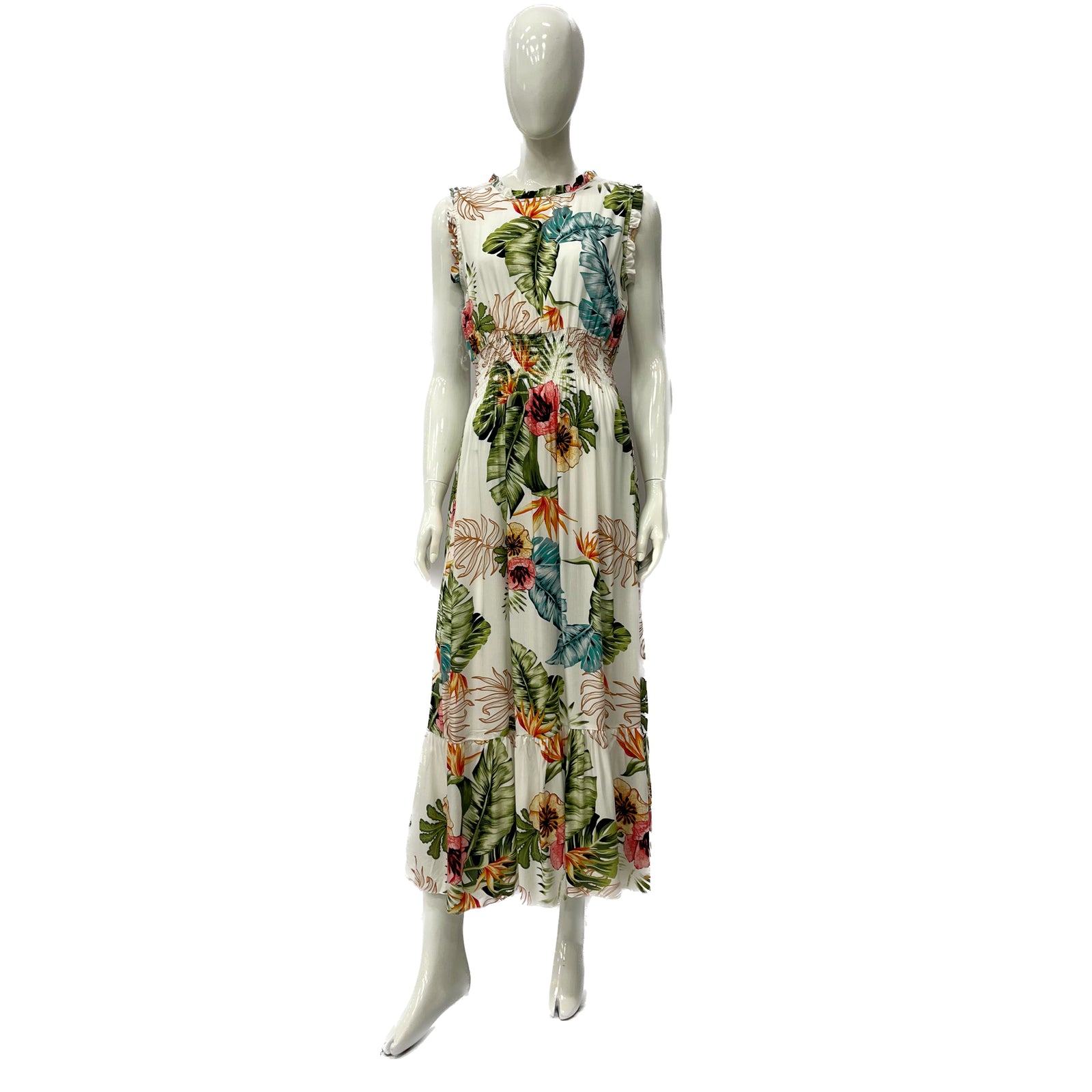 Wholesale Women's Dresses Rayon Sl Asst Tropical Ruffle Flounce Maxi Dress 6-72-Case S-XL Jamie NW35