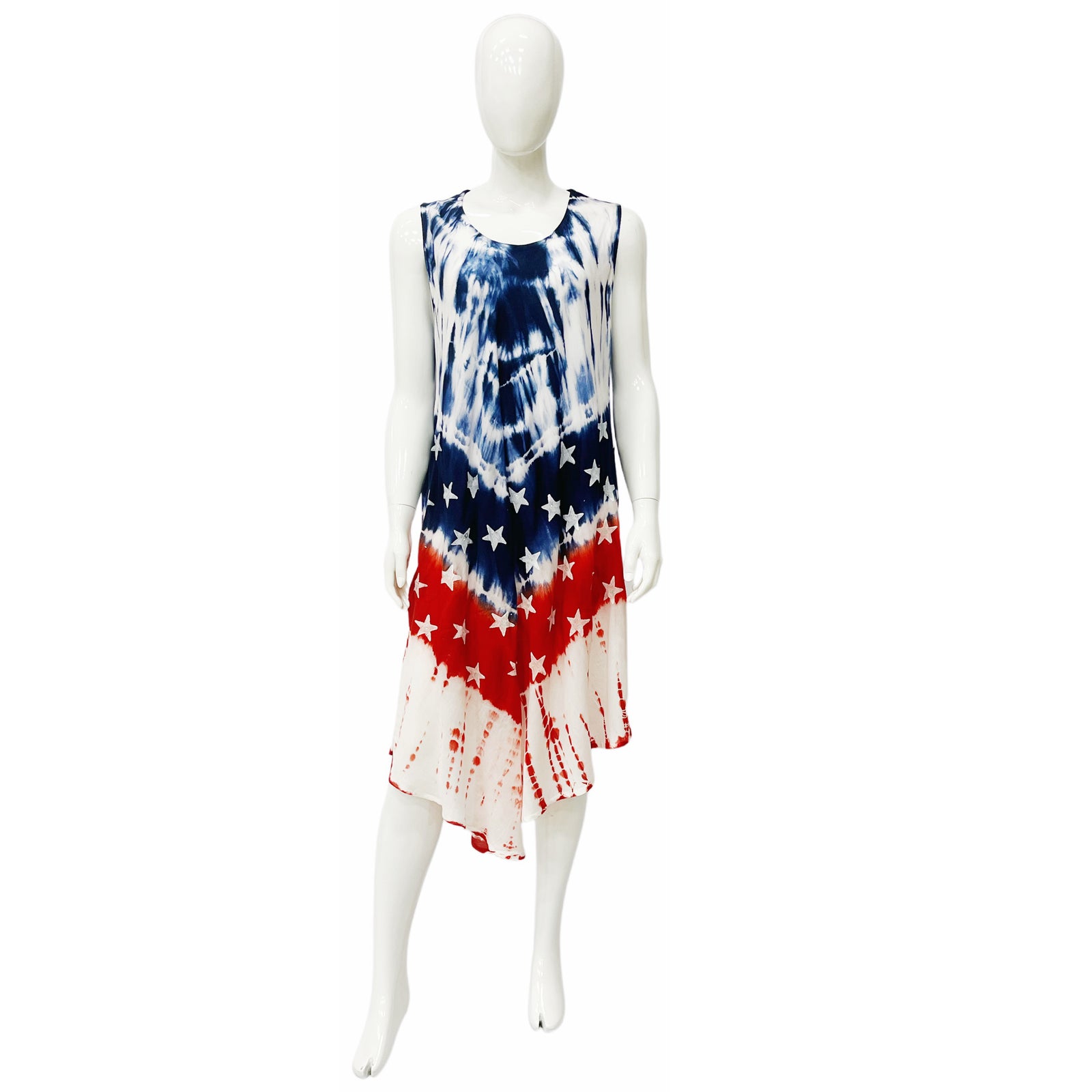 Wholesale Women's Dresses Rayon Staple American Flag Tie Dye with Block Paint Sl Umbrella 120Gms Oc Red-Blu-Wht 6-48-Case O-S Hadassah NWa5