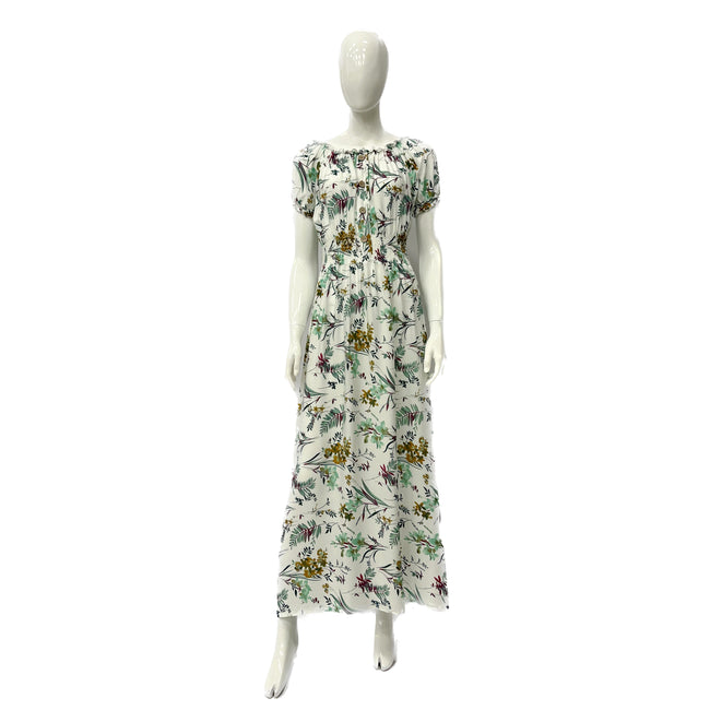 Wholesale Women's Dresses Rayon Ss Asst Sketch Floral Smocked Waist Maxi 6-36-Case S-XL Kynlee NW30