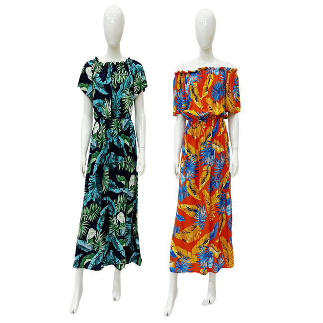 Wholesale Women's Dresses Rayon Ots Tropical Maxi Dress 6-72-Case S-XL Mina NW43