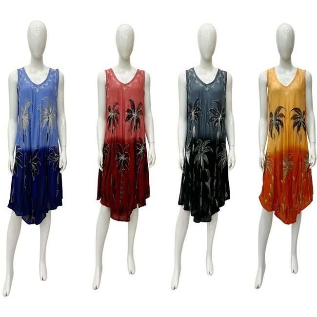 Wholesale Women's Dresses Rayon Hand Paint Palm Tree Umbrella Dress 48-Case O-S Mara NWa4