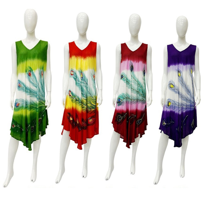 Wholesale Women's Dresses Rayon Hand Paint Peacock Umbrella Dress 48-Case Os Clementine NWa0