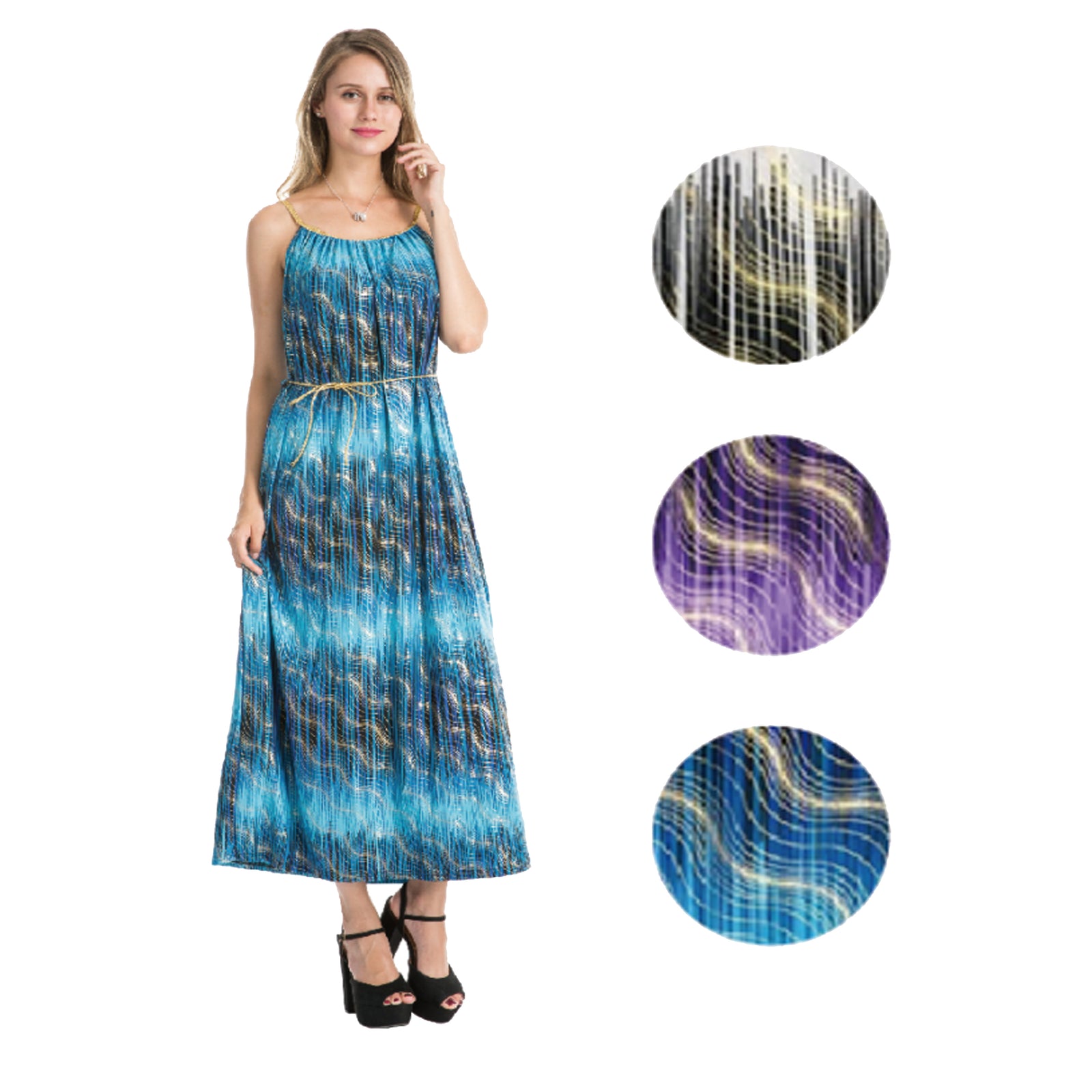 Wholesale Women's Dresses ITY Foil Gold Stripe & Belt Maxi Dress 6-36-Case S-XL Amalia NW37