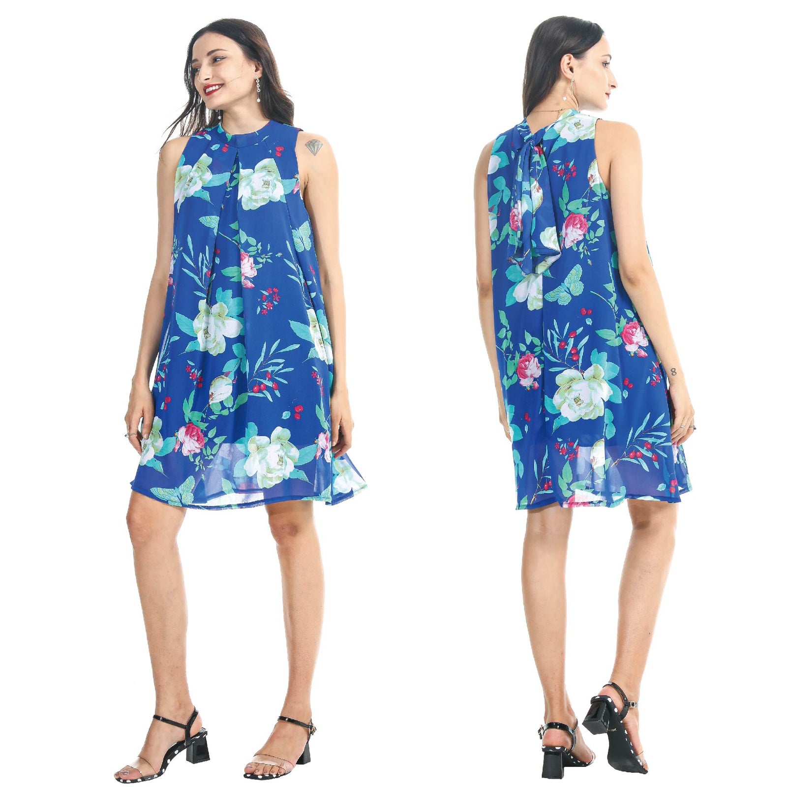 Wholesale Women's Dresses Sl Ryl Blue Floral Bow Back Chiffon Trap 36-Case S-XL Lennox NWc4