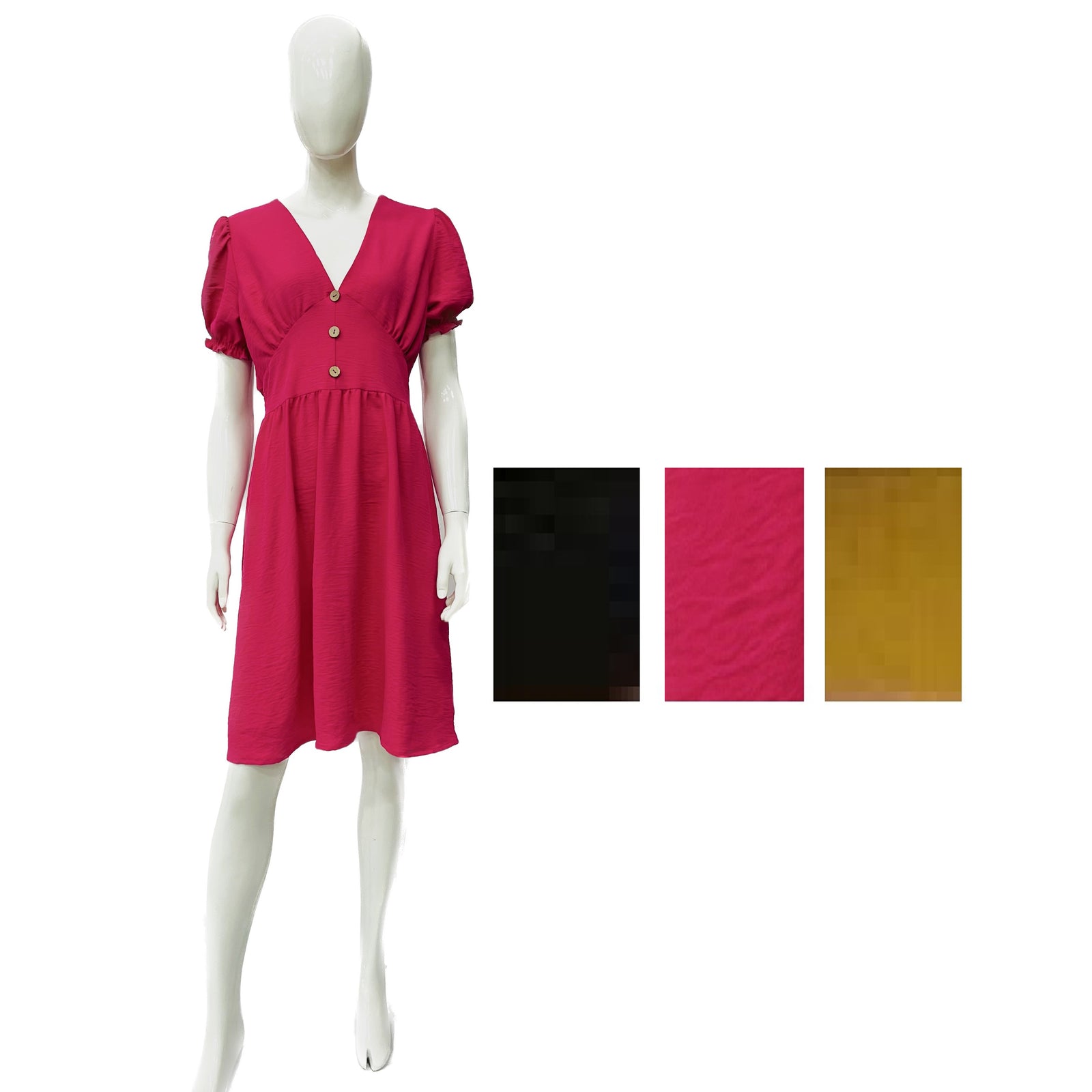 Wholesale Women's Dresses Solid Air Flow Ss V Nk Short Dress 6-72-Case S-XL Blk, Fx, Mustard Karen NW48