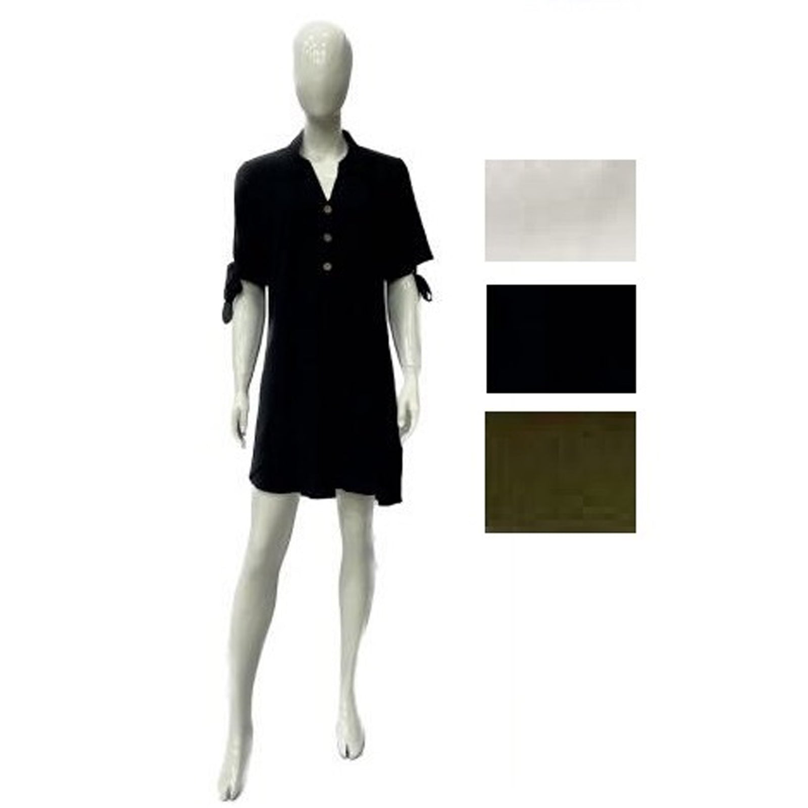 Wholesale Women's Dresses Solid Air Flow Ss Shirt Collar Botton Short Dress 6-72-Case S-XL Blk, Wht, Olive Dallas NW48