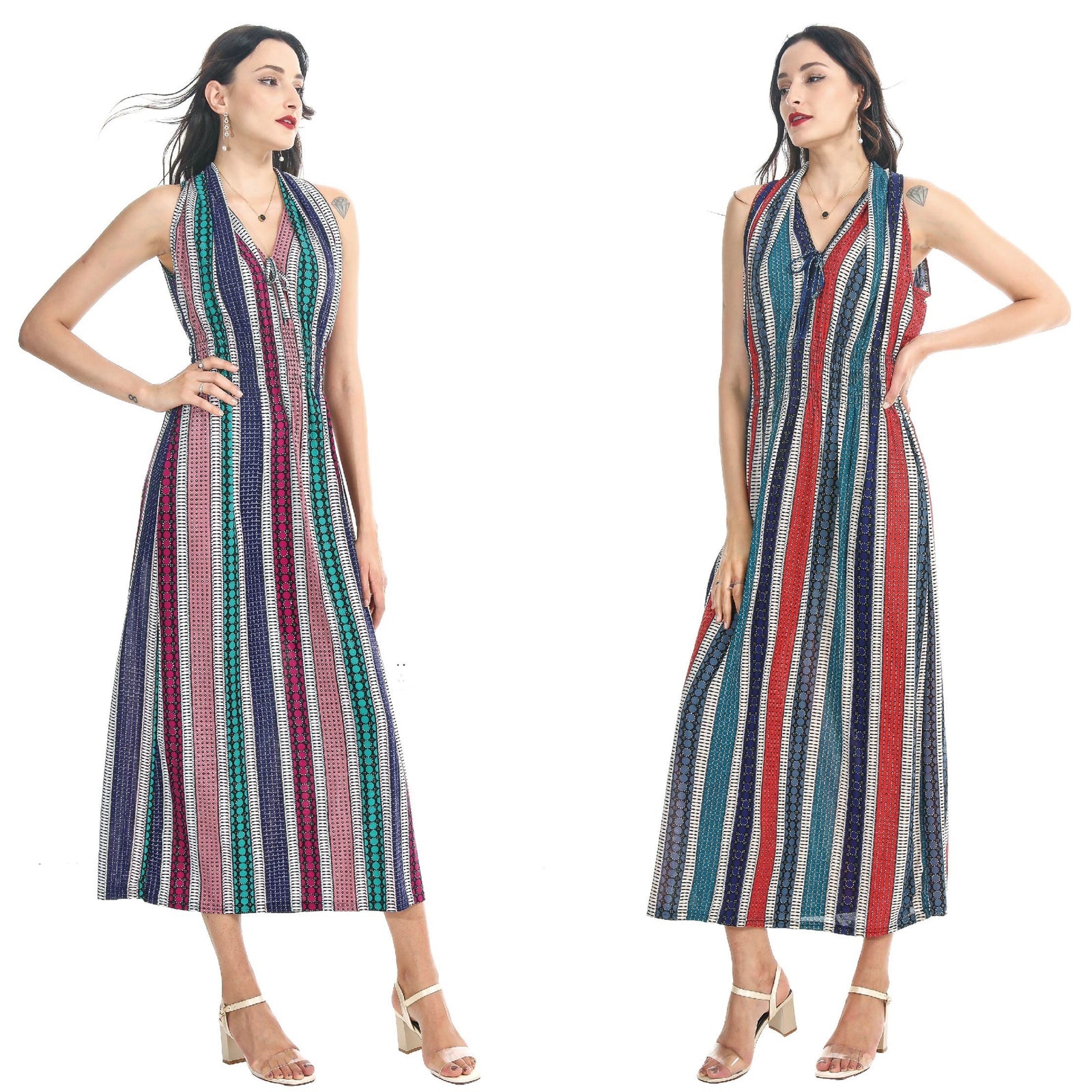 Wholesale Women's Dresses Sl Red-Tpe Aztec Stripe Smk Maxi 6-36-Case S-XL Alaya NW40