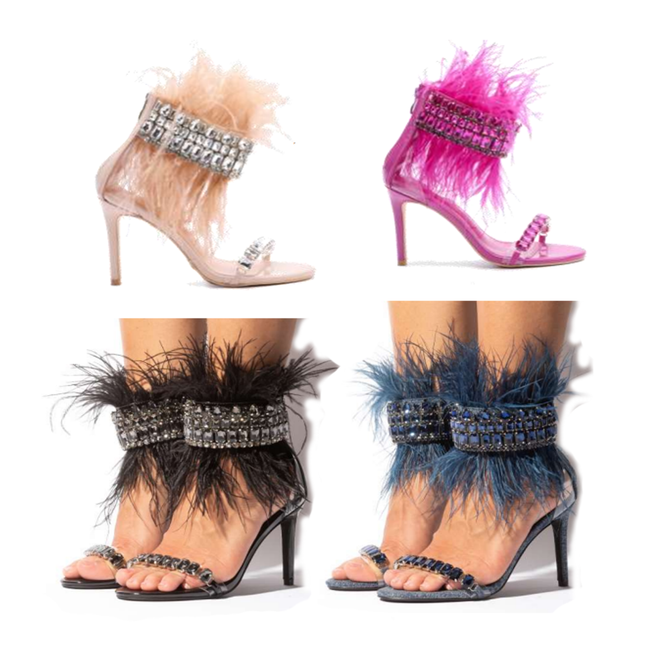 Wholesale Women's Sandals Heels Feathered Gems Ankle Strap Peacock NMPk