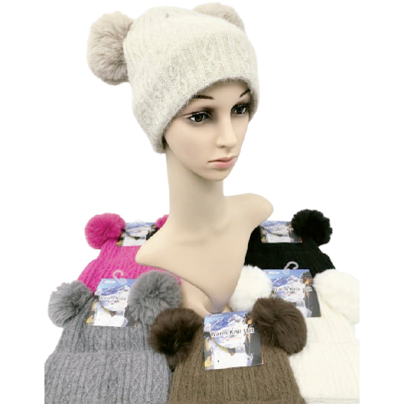 Wholesale Clothing Accessories Lady Hat Faux Mink Double Pom Women's Winter Nh227