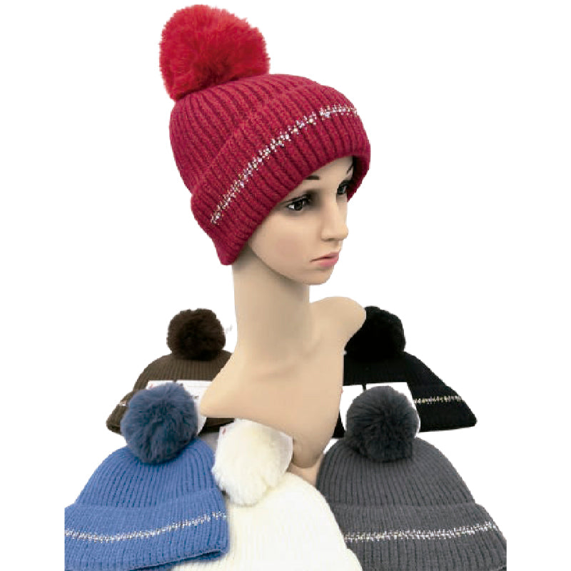 Wholesale Clothing Accessories Winter Hat Cuffed Rhinestone Single Pom Nh225