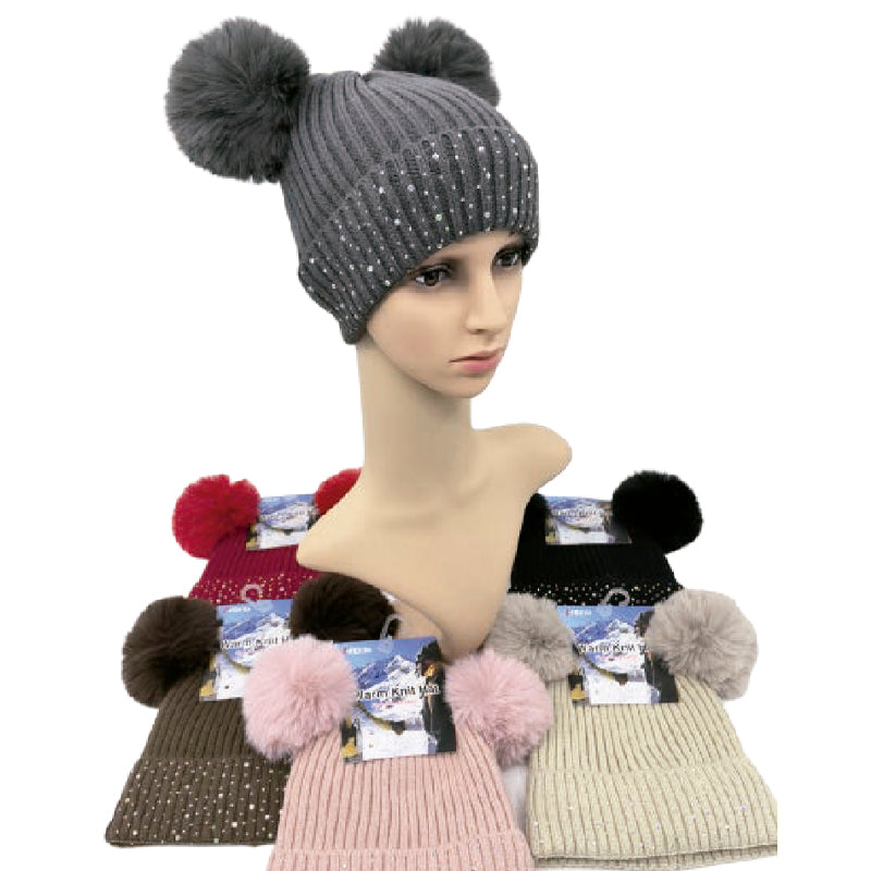 Wholesale Clothing Accessories Lady Hat Cuffed Full Rhinestone Double Pom Nh227