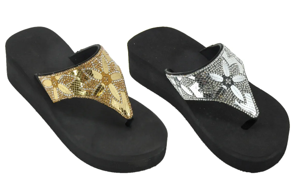 Wholesale Women's Slippers Ladies Mix Assorted Colors Sizes Wedge Metallic Strap Flip Flops Nala NSU31